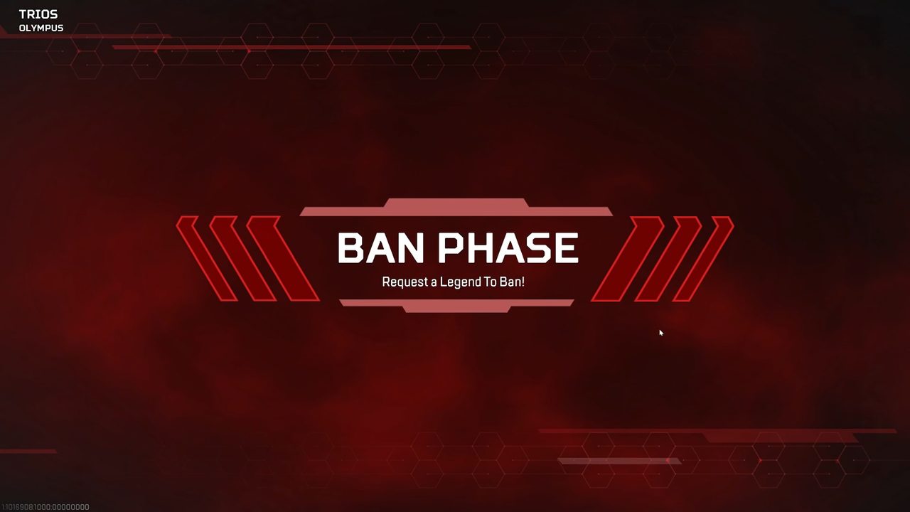Apex Legends Ranked Ban Phase screen on Olympus Trios: Request a Legend To Ban