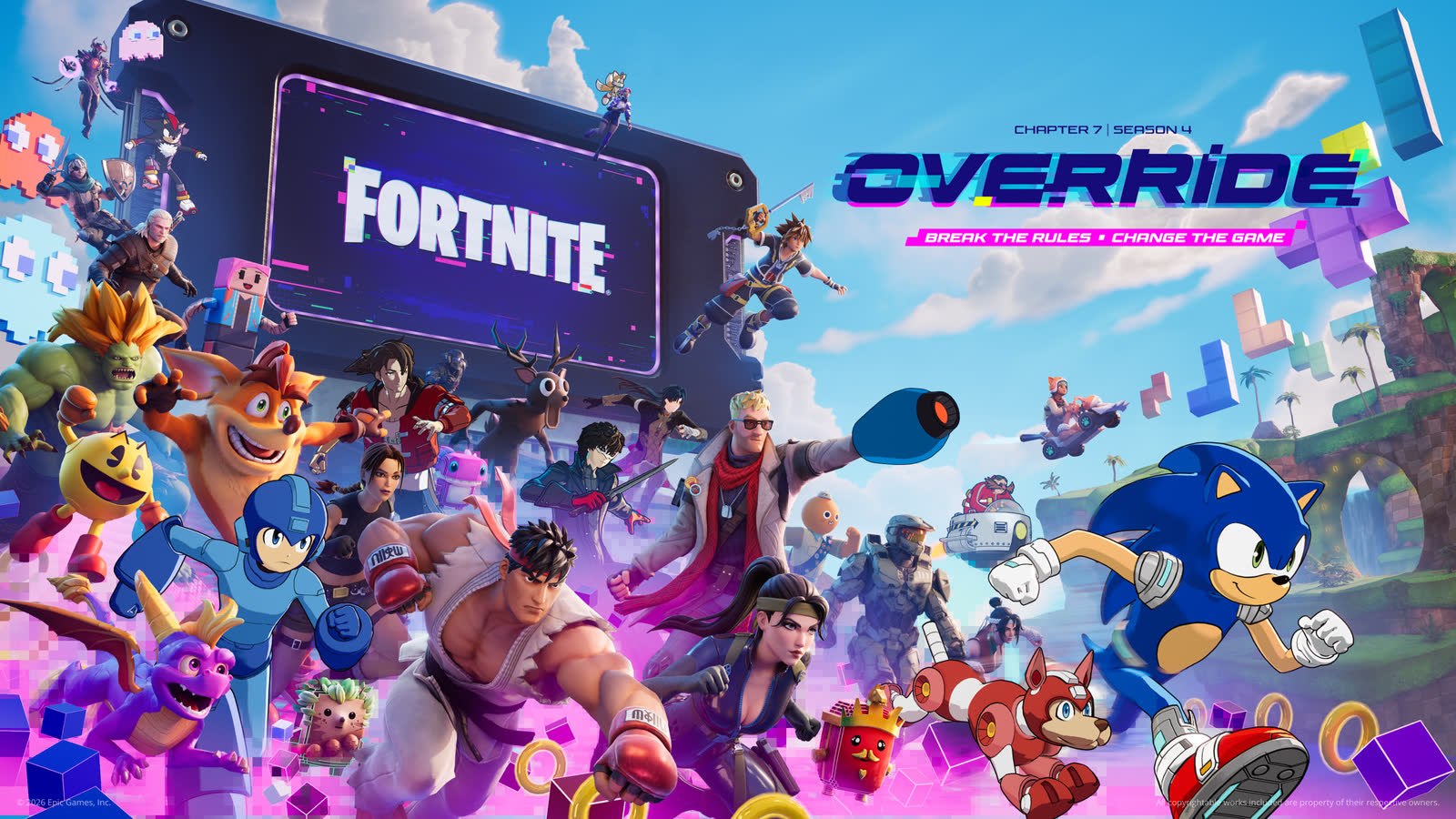 Official Fortnite Chapter 7 Season 4 Override key art with Sonic and Battle Pass outfits
