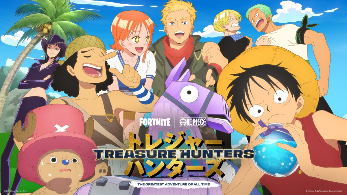 Official Fortnite x One Piece Treasure Hunters key art: Straw Hat crew and Llama around the season title, Epic Games / Eiichiro Oda, Shueisha, Toei Animation
