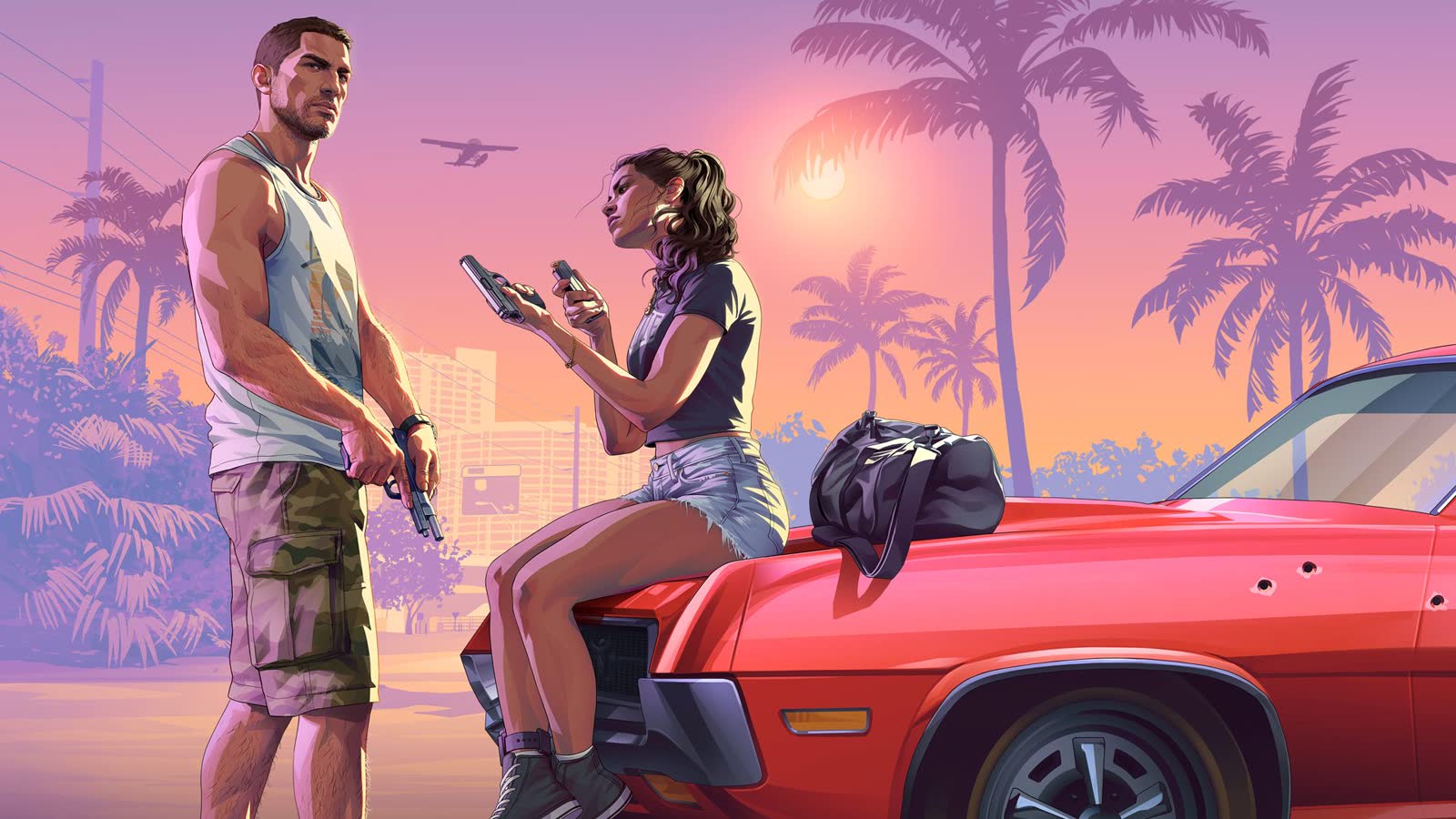 Official Grand Theft Auto VI key art of Jason and Lucia loading weapons beside a red car