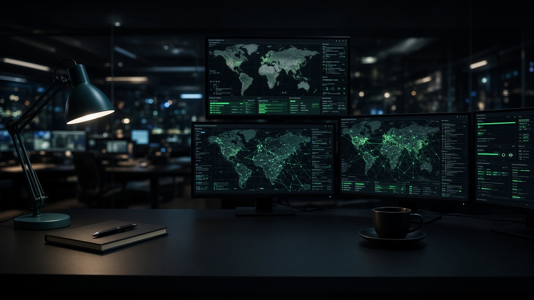 Night newsroom desk with monitors showing abstract maps