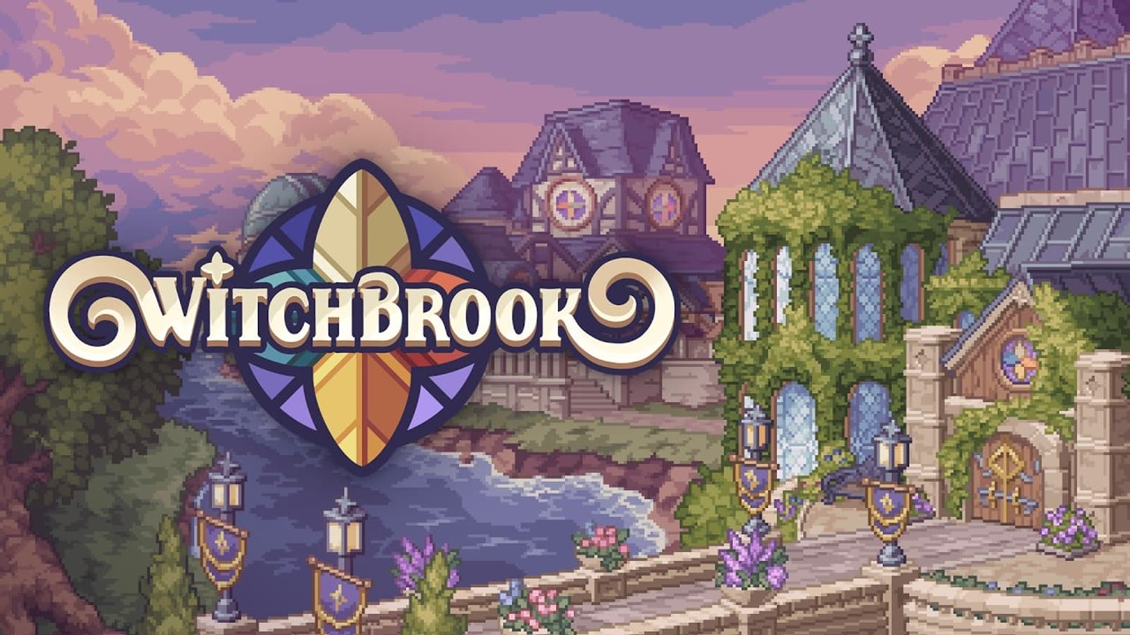 Official Witchbrook key art: stained-glass logo over the pixel college, river, and stone bridge
